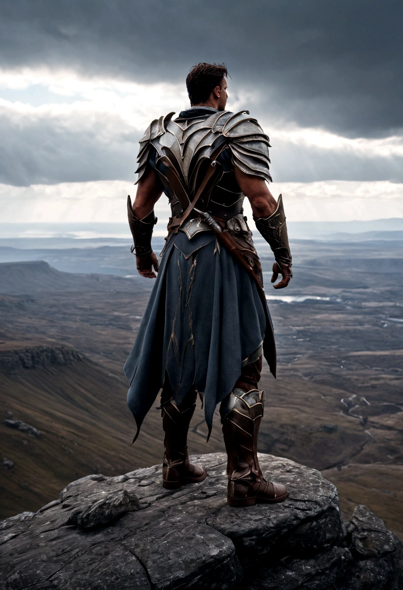 ((back view)), a warrior standing on a cliff overlooking a vast landscape, detailed armor and weapons, windblown cape, muscular build, rugged terrain, cloudy sky, cinematic lighting, epic scale, fantasy art, highly detailed, 8k, photorealistic