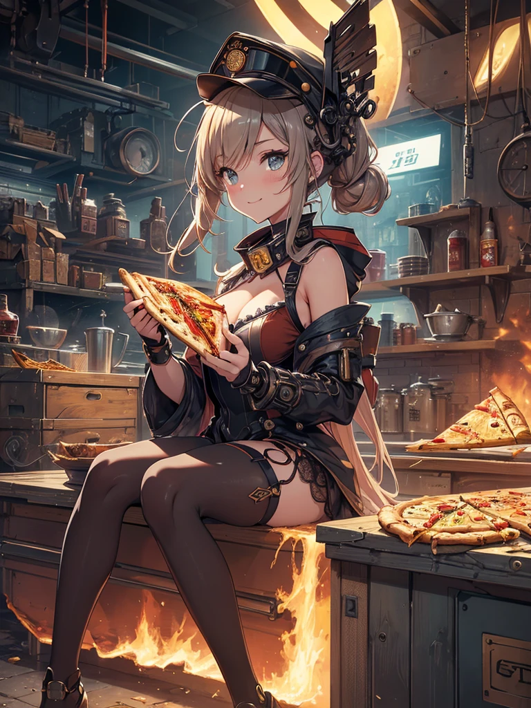 (Line art_anime),(full body, highest quality, ),(Laura Budd Photos:1.2),(Laura Add details:1.0),8k, Flat Color:0.8,1 girl,smile,(Highly decorative and complex mechanical steampunk fashion, Lace flare dolphin hat、goggles、(sitting on a toolbox eating a slice of pizza)、machinery background、Gear background、An elaborately mechanized steampunk cityscape 1.5)