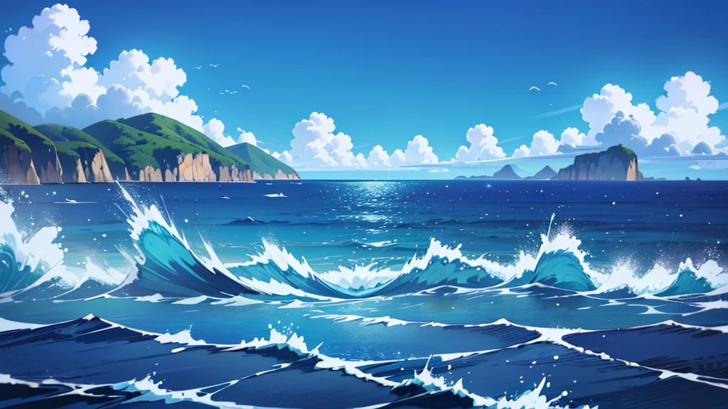 4k ultra HD, open ocean, middle of the ocean, only the sea for as far as you can see, the beautiful blue sky on the horizon