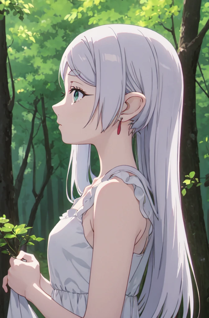 highest quality, masterpiece, High resolution, alone, (Freezing_sousounoFreezing:1.10), One girl, Mouth closed, Fairy, Outdoor, Upper Body, White Dress, clavicle, forest, wood, Let your hair down, Expressionless, From the side, View Viewer, profile, Sleeveless dress, anime_style, 28 