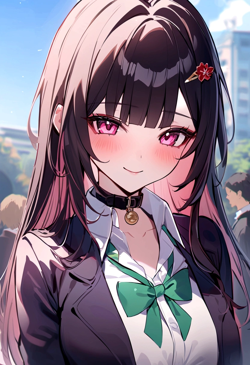 masterpiece, highest quality,blazer, arms_in_~ side, One Girl, Looking_in_audience, honkai_(series),shirt, head_ribbon, Open_Jacket, green_ribbon, Side Lock, upper_body, With collar_shirt, smile, hair_ornament, hair_intake, honkai:_star_rail, ribbon, Jacket, black_Jacket, Closed_mouth, blush, Open_Clothes, School_uniform, 一人in, hairclip,nsfw,Outdoor