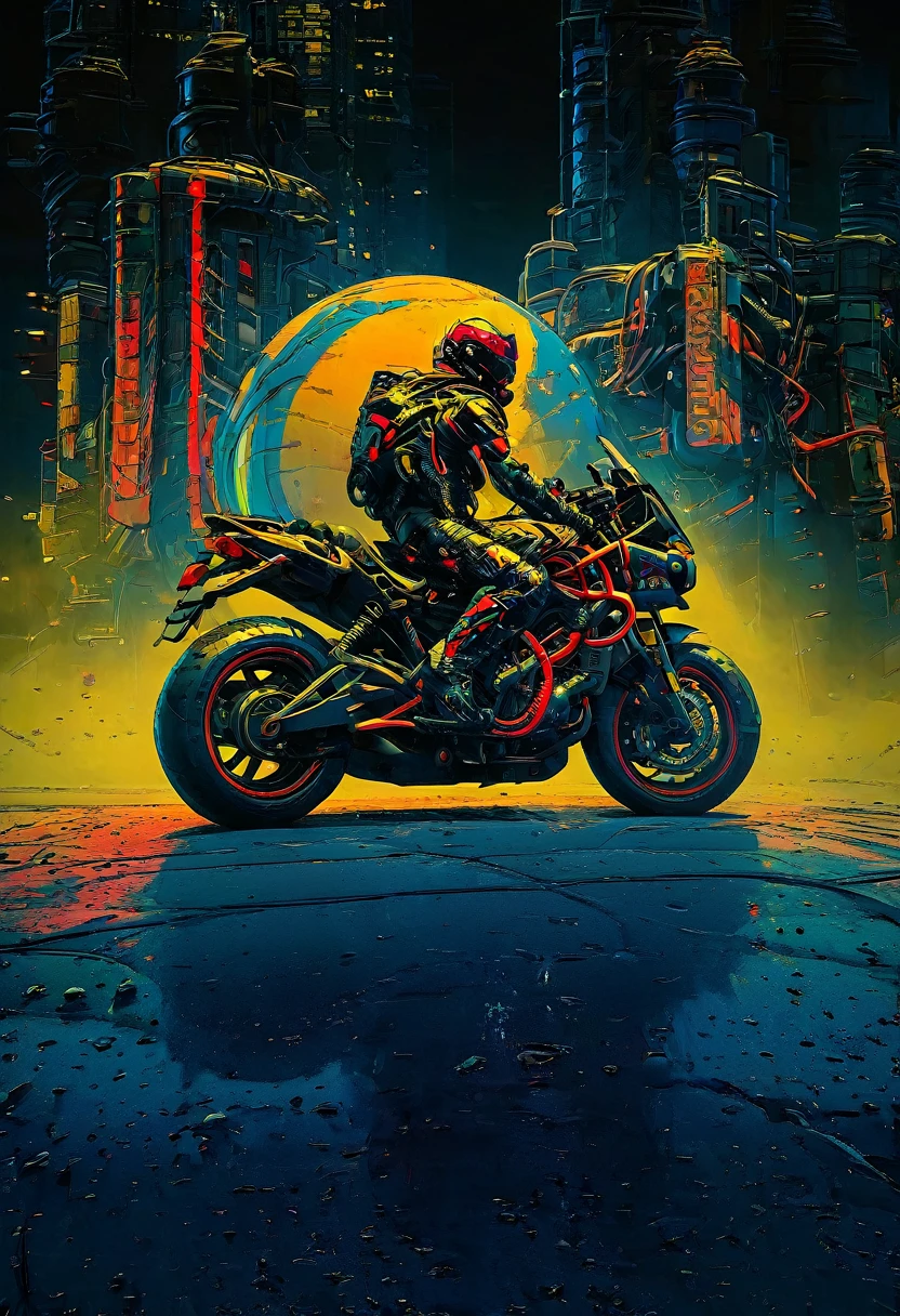 detailed cyberpunk motorcycle, futuristic motorcycle, riding on the road, motorcycle from behind view, 1 person riding motorcycle, intricate details, high resolution, 8k, photorealistic, hyper detailed, cinematic lighting, dynamic motion blur, gritty urban environment, neon lights, glowing cybernetic elements, chrome accents, weathered texture, mecha-inspired design, complex machinery, industrial cityscape, moody color palette, (mejor calidad,4k,8K,high resolution,obra maestra:1.2),ultra detallado,Sharp focus,(realista,photorealista,photo-realista:1.37), extremadamente finos,detalles intrincados,intense lighting,dramatic lighting,changing lighting,cinematic lighting,chiaroscuro lighting,dramatic shadows,Dramatic moments,vivid colors,colores intensos,Contraste profundo,cinematic depth of field,cinematographic composition,cinematic camera angle