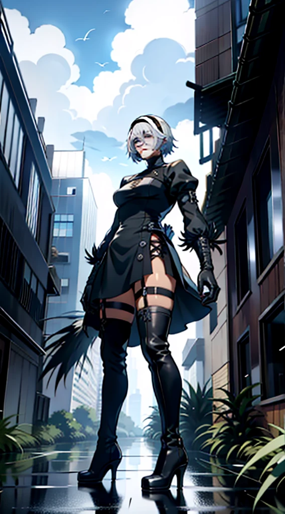 yorha no. 2 type b, 1boy, absurdres, black blindfold, black dress, black hairband, blindfold, blue sky, boots, building, city, cloud, covered eyes, debris, dress, feather-trimmed sleeves, feather trim, from below, gloves, grass, hairband, high heel boots, high heels, highres, juliet sleeves, katana, leather, leather boots, long sleeves, nier \(series\), nier automata, outdoors, overgrown, pod \(nier automata\), post-apocalypse, puddle, puffy sleeves, rubble, ruins, scenery, sky, thigh boots, thighhighs, thighhighs under boots, water