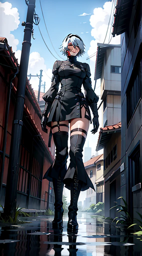 yorha no. 2 type b, 1boy, absurdres, black blindfold, black dress, black hairband, blindfold, blue sky, boots, building, city, cloud, covered eyes, debris, dress, feather-trimmed sleeves, feather trim, from below, gloves, grass, hairband, high heel boots, high heels, highres, juliet sleeves, katana, leather, leather boots, long sleeves, nier \(series\), nier automata, outdoors, overgrown, pod \(nier automata\), post-apocalypse, puddle, puffy sleeves, rubble, ruins, scenery, sky, thigh boots, thighhighs, thighhighs under boots, water