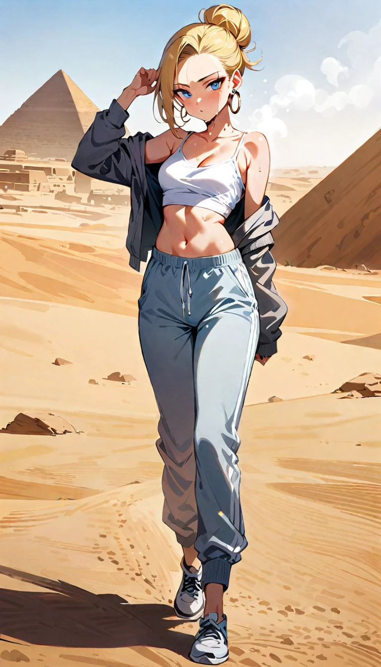 (masterpiece, best quality:1.2), full body, solo, Android 18 from Dragon Ball, ((white slip-on crop top)), ((long sweatpants)), ((white sweatpants)), (gray hooded jacket), thighs, midriff, small breasts, sweat, blonde hair, (single hair bun), ((blue eyes)), earrings on earlobes, slender feminine figure, narrow waistline, skinny body, long legs, Egypt, walking across desert, large pyramid, daytime, clear sunny sky, sweating, cleavage, off shoulder, magnificent view, blur background, 4K, Touching ear, light blush, breath