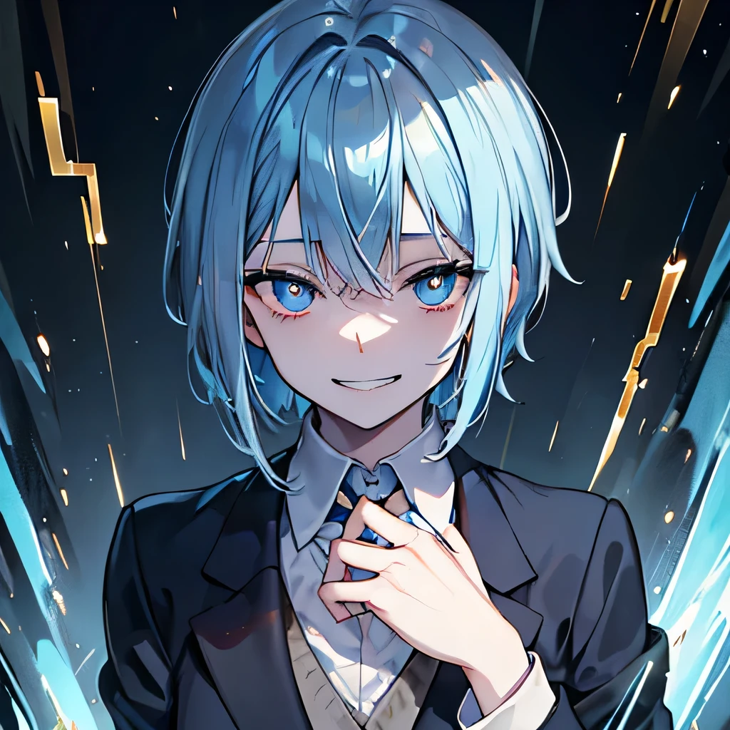 one，Short dark blue ear-length hair，Ice blue pupils，There is a glimmer of gold in the eyes，Dangerous creepy smile，Suits