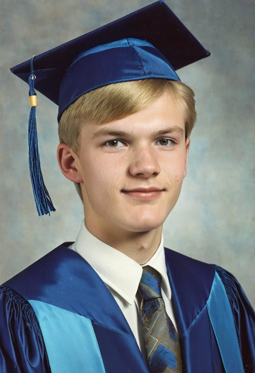 Color photo from graduation album. Male 20 years old. Finnish nationality. Photo in the style of the 1980s