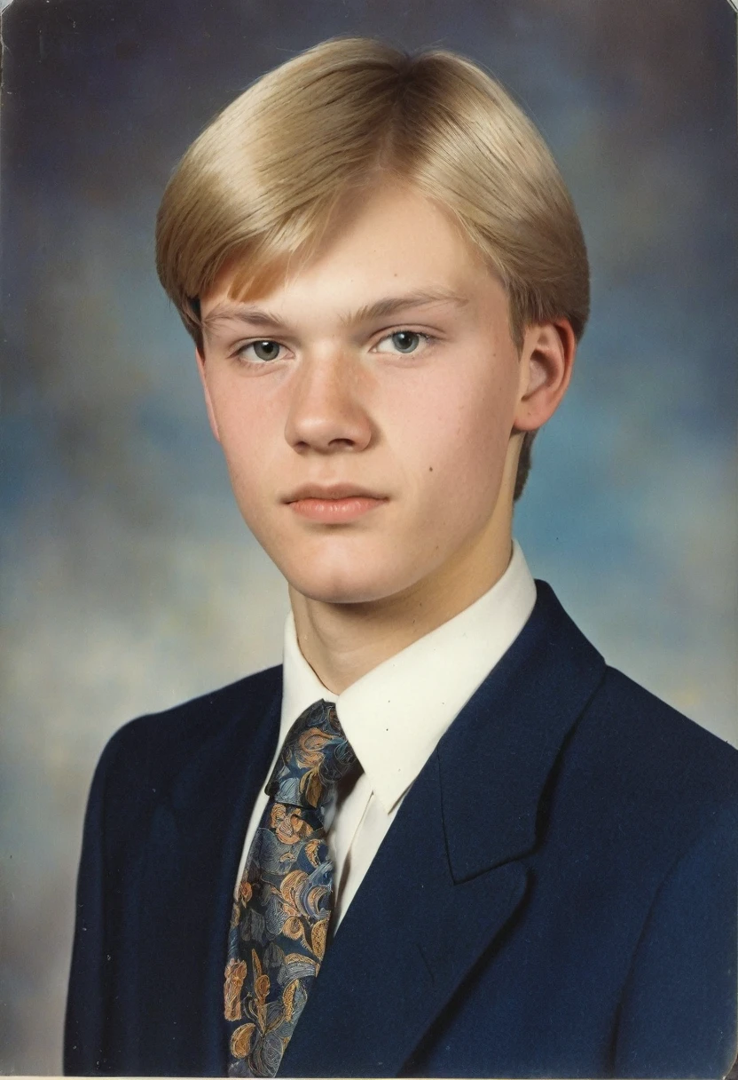 Color photo from graduation album. Male 20 years old. Finnish nationality. Photo in the style of the 1980s