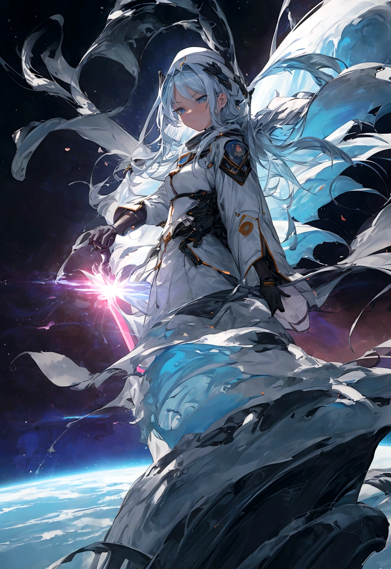 Picture a scene steeped in the depths of space science fiction warfare, where a female commander emerges as the embodiment of resilience and command. Her presence is striking, with white hair that cascades like a cosmic waterfall, tinged with a subtle shade of glowing blue, reminiscent of the distant nebulas. She stands boldly in the midst of an burned interstellar conflict to punish the wicked, her advanced space uniform pristine and decorated with the emblems of her esteemed position as a commander. The commander’s hat she wears is not just a piece of attire but a symbol of her earned authority. Clutched in her grasp is a mystical sword, its blade alight with an ethereal flame that whispers of ancient power and forgotten lore. As she raises the sword, it seems to resonate with the energy of the cosmos itself. Behind her, the theater of war is set against the breathtaking backdrop of a contact binary star system, its twin suns weaving a dance of light spark and gravity that illuminates the void. Their connection forges a radiant arc across the sky, a bridge between worlds and a beacon in the tumultuous dark. This image seeks to capture the commander’s indomitable spirit, the fierce beauty of her unique appearance, and the grandeur of the universe that serves as the stage for this epic saga