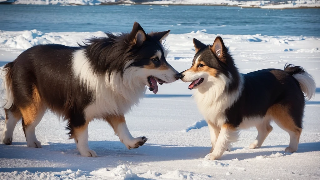 Shetland Sheepdog playing with ice