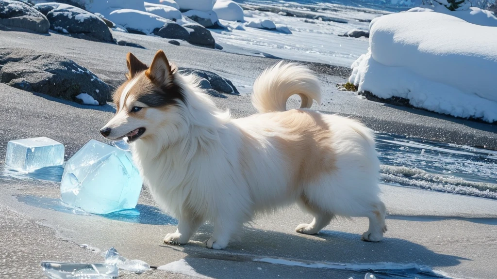 Shetland Sheepdog  playing with ice