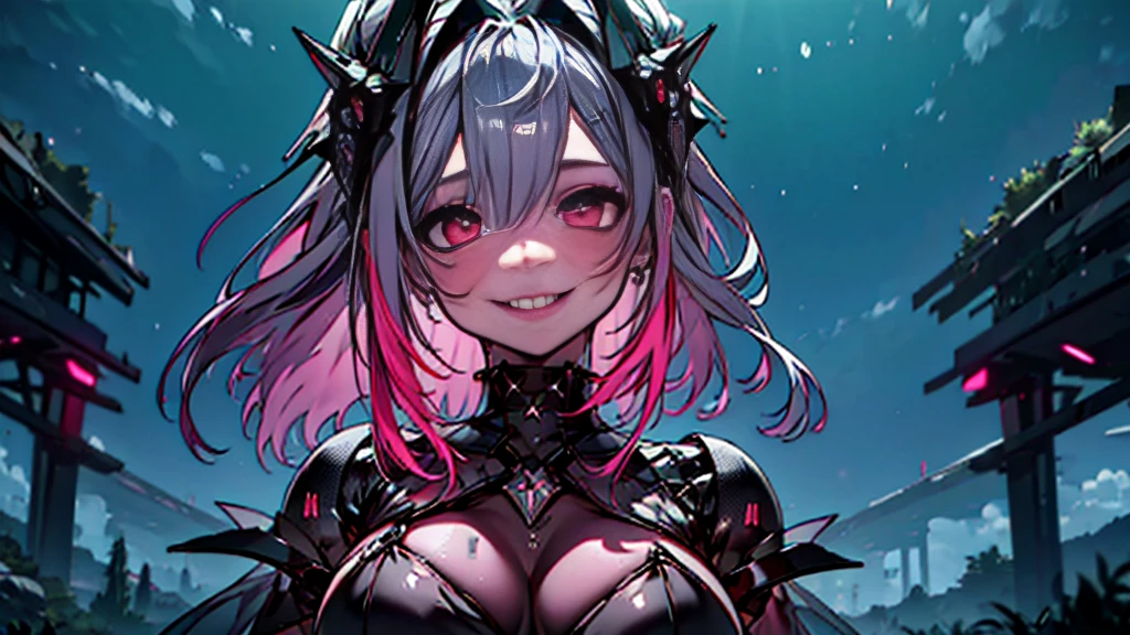 ((Best quality)), ((masterpiece)), (detailed:1.4), 3D, an image of a beautiful cyberpunk female, Yandere , Yandere Face , Trance , Trance Eyes , yameroyandere , constricted pupils , yandere , empty eyes . shaded face , crazy eyes , glowing red eyes , crazy smile , Marian , long silver hair , Black Dress , Red Eyes, Black undercloth, large , HDR (High Dynamic Range),Ray Tracing,NVIDIA RTX,Super-Resolution,Unreal 5,Subsurface scatterPBR Texturing,Post-processing,Anisotropic Filtering,Depth-of-field,Maximum clarity and sharpness,Multi-layered textures,Albedo and Specular maps,Surface shading,Accurate simulation of light-material interactionoportions,Octane Render,Two-tone lighting,Wide aperture,Low ISO,White balance,Rule of thirds,8K RAW,