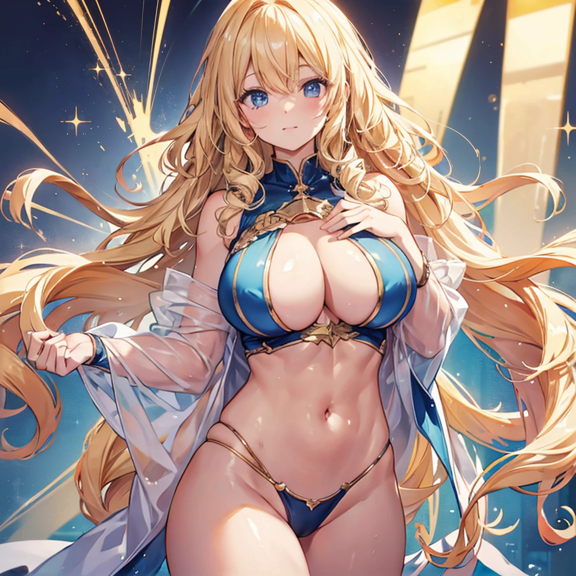 Sensual, ((Long blonde curly hair)), Thick thighs, 8k, 4K, highest quality, High resolution:1.2), Cute anime face, Noise Reduction, ((Sparkling Blue Eyes, A kind smile, Kind eyes))、Toned Abs, Muscular arms, Muscular legs,  Young Face, Anime Eyes, (((Big Breasts、A chest that&#39;s about to burst)))、(((whole body)))、Wearing a white high-leg cut leotard、Lie down in bed、部屋のベッドに横たわるBig Breastsのアニメの女の子