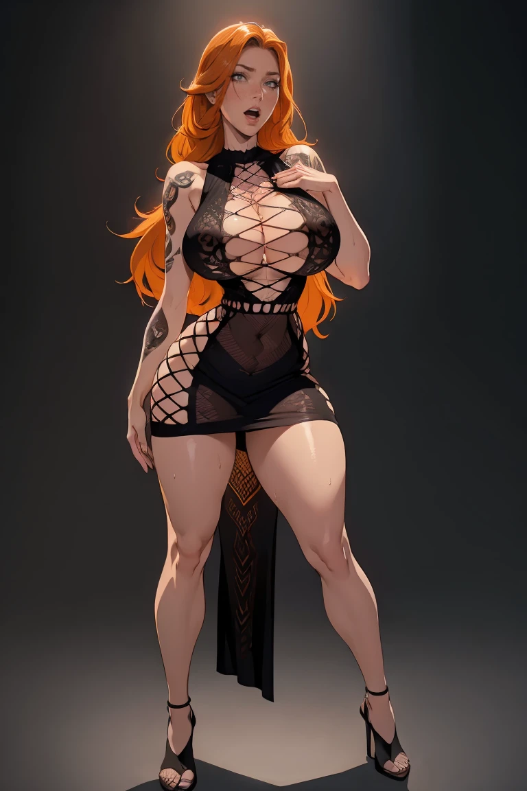 (best quality,4k,8k,highres,masterpiece:1.2,full body photo,a woman with a big breast,matsumoto rangiku),ultra-detailed,(realistic,photorealistic,photo-realistic:1.37,cleavage,hands on own chest,huge breasts),(long hair)huge breasts(tight black lace dress),slender body,tattoos,sweaty,illustration,stark lighting,vivid colors,seductive face, open mouth,soft lighting, lifelike texture, photorealistic, HDR, 8k, absurdres, cinestill 800, sharp focus