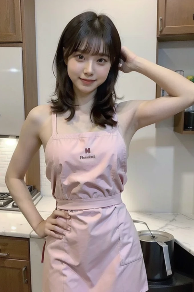 a woman is cooking、(kitchin_Apron:1.Wear 3)、Good Hand、4K、hight resolution、​masterpiece、top-quality、Cap:1.3、((Hasselblad photo))、Fine skin、sharp focus、(lighting like a movie)、Soft lighting、dynamic ungle、[:(Detailed face:1.2):0.2]、Medium chest、sweats streamed skin:1.2、(((In the kitchen))) Cute smile　Viewer's Perspective　Colossal tits　Tying hair　Sleeveless　Put out your upper arm　Shoulders are sticking out　Cleanliness　Large kitchen　Beautiful kitchen　wine glasses　wide々and beautiful kitchen background　Clean kitchen , do not wear underwear