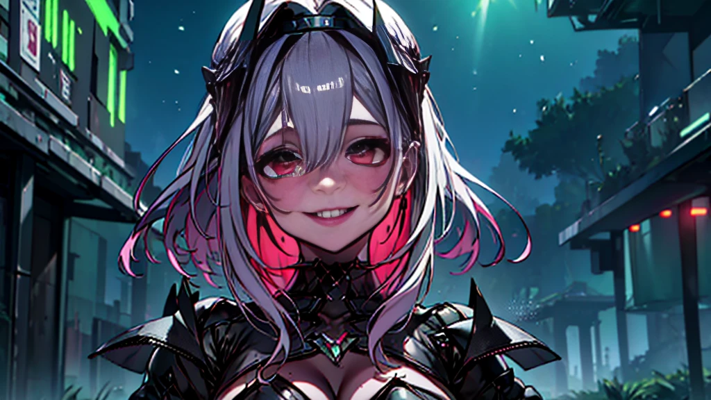 ((Best quality)), ((masterpiece)), (detailed:1.4), 3D, an image of a beautiful cyberpunk female, Yandere , Yandere Face , Trance , Trance Eyes , yameroyandere , constricted pupils , yandere , empty eyes . shaded face , crazy eyes , glowing red eyes , crazy smile , Marian , long silver hair , Black Dress , Red Eyes, Black undercloth, large breasts, HDR (High Dynamic Range),Ray Tracing,NVIDIA RTX,Super-Resolution,Unreal 5,Subsurface scattering,PBR Texturing,Post-processing,Anisotropic Filtering,Depth-of-field,Maximum clarity and sharpness,Multi-layered textures,Albedo and Specular maps,Surface shading,Accurate simulation of light-material interaction,Perfect proportions,Octane Render,Two-tone lighting,Wide aperture,Low ISO,White balance,Rule of thirds,8K RAW,