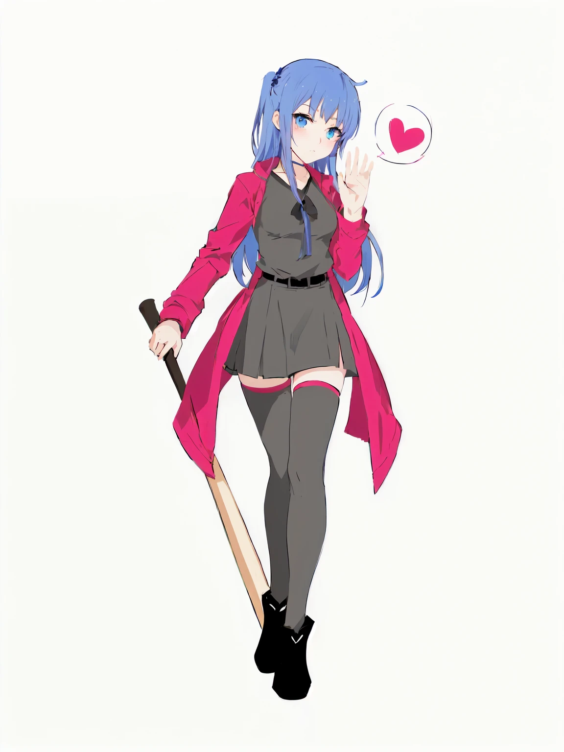 anime girl with blue hair and a pink coat holding a baseball bat, yandere. high, gapmoe yandere, yandere, anime Mo artstyle, 2 d anime style, gapmoe yandere grimdark, Marine Kitagawa Fanart, holding a baseball bat!!, 2 d anime, with an axe, Cushart Kenz, Cushart wreath, the right hands,