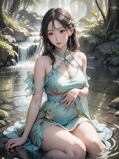 Sitting by a lake full of lotus flowers showing her underwear，The feet are bifurcated，Art depicts a charming woman，Melon seed face，Dressed in a flowing manner、Silky traditional oriental dress，Long model，water blue，Decorated with intricate patterns and bright colors。Her dress draped elegantly over her curvy figure，Highlights her seductive silhouette。She sits gracefully by the tranquil lotus lake，bathed in the soft glow of the moonlight。The scene exudes an ethereal and dreamy atmosphere，With a touch of mystery and sexiness。The image style incorporates watercolor and digital illustration techniques，It evokes a refined beauty and charm。The lights are filled with soft moonlight，casting soft highlights and shadows on her charming features。Bare thighs，Bigchest，Three-dimensional facial features，sitted，Side braids，((Transparent erotic clothing)),(View from below),Wet all over，（Hands behind your back），(Place your hands on the back of your head)，(((Open your mind)))，Exposed cleavage， ((areola erections))，(((The nipple areola is clearly shaped)))，((The tip is clearly prominent))，((Milk flow out))，(((spread their legs))),(((M-shaped legs))),(((spreading the crotch)))，Exposing the genitals， Delicate and moist genitals，Milky discharge from the genitals，Straight and slender, Soft and delicate legs，