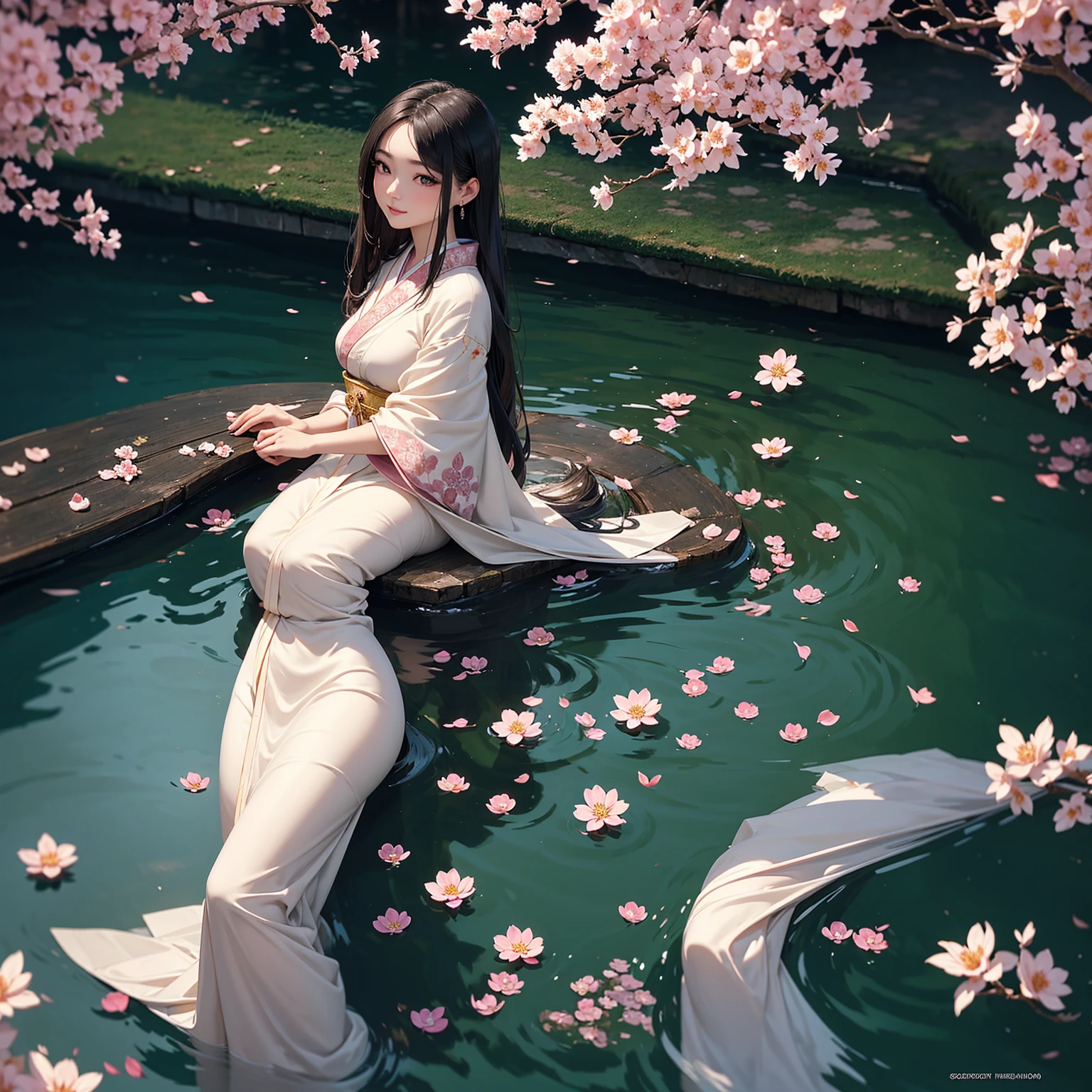 (1girll:1.4), Solo,((:0.75)),(((Small breasts:1))), ((water lilies:1,3)), (glowing ambiance, enchanting glow, luminouslighting, Ethereal atmosphere, A mesmerizing glow, evocative hues, captivating coloration, Dramatic lighting, Enchanting aura), (A girl sits on a bench in a flower field, Palace, A girl in Hanfu, instagram contest winner, in water up to her shoulders, standing gracefully upon a lotus, inspired by Hua Yan, closing her eyes, high priestess tarot card, full-cosplay, water lilies), Ink painting, ((Moon:1)), (Masterpiece, Top quality, Best quality, offcial art, Beautiful and aesthetic:1.2), extreme detailed details, (Chinese style:1.2),theater dance scene,(hypermaximalistic:1.5),Colorful,highest details,,(Breast size:1.8)