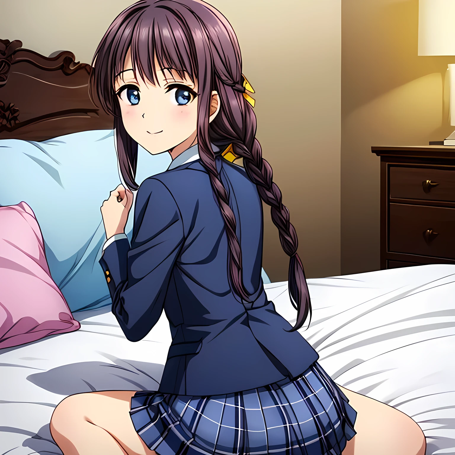(highest quality, masterpiece:1.2), highest quality, High resolution, 1080p, 8K, Height: 158cm, High-definition anime-style CG, ((The game heroine is a very intelligent, very noble, pretty and elegant beautiful girl sitting on the bed.、Looking back and smiling gently)), He tries to hide his shocked mouth with his hands., A face that everyone loves, Glossy lips, Even bangs, Double, Long eyelashes on both the top and bottom, Wide-open blue eyes, detailed in detail, The very large red shiny wide ribbon bowtie is very cute., ((Black Hair)), ((long twin braids)), (((A long, neat, dark navy blue checked pleated skirt))), (((Dark blue winter long sleeve blazer))), How to wear a neat uniform, Extremely lustrous, shiny game heroine lips, Mouth open, Ribbon in hair, Tight waist, slender, The ribbon is big and very pretty., Beautiful hair like a hair model, Transparent Background