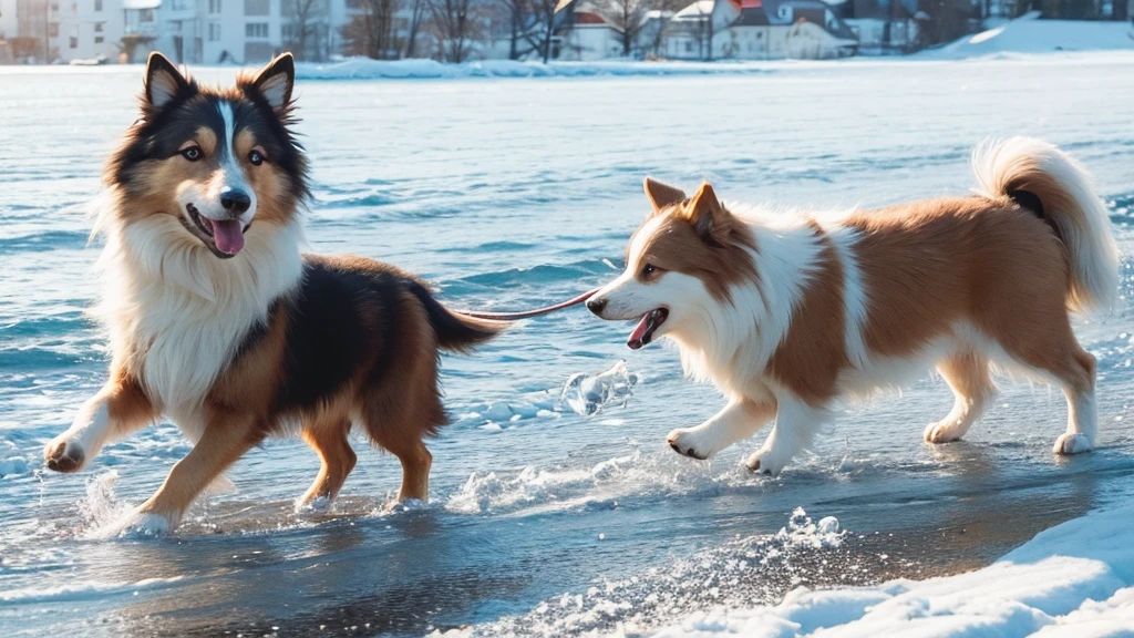 Shetland Sheepdog playing with ice