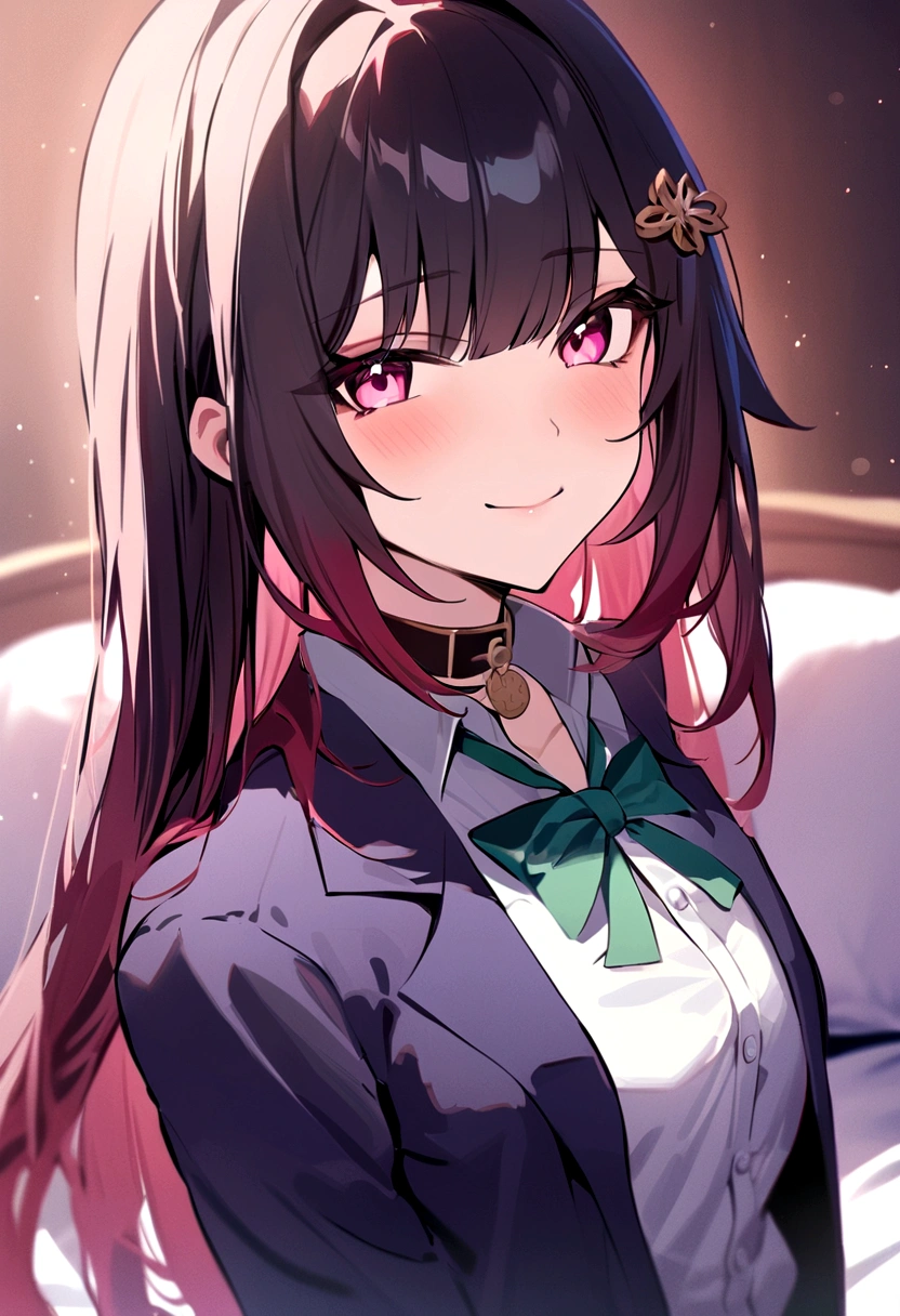 masterpiece, highest quality,blazer, arms_in_~ side, One Girl, Looking_in_audience,honkai_(series), Simple_background, shirt, head_ribbon, Open_Jacket, green_ribbon, Side Lock, With collar_shirt, smile, hair_ornament, hair_intake, honkai:_star_rail, ribbon, Jacket, black_Jacket, Closed_mouth,Open_Clothes, School_uniform, 一人in, hairclip,Bed