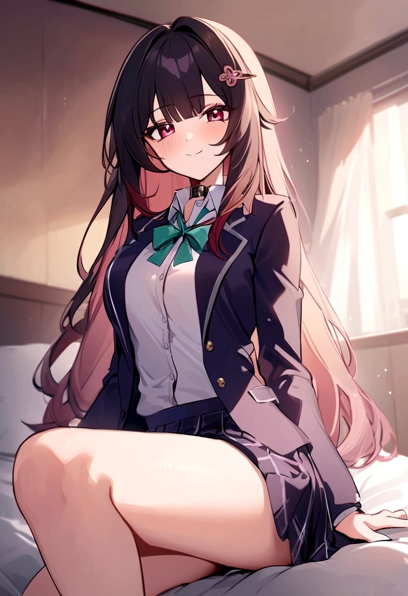 masterpiece, highest quality,blazer, arms_in_~ side, One Girl, Looking_in_audience,honkai_(series), Simple_background, shirt, head_ribbon, Open_Jacket, green_ribbon, Side Lock, With collar_shirt, smile, hair_ornament, hair_intake, honkai:_star_rail, ribbon, Jacket, black_Jacket, Closed_mouth,Open_Clothes, School_uniform, 一人in, hairclip,Bed