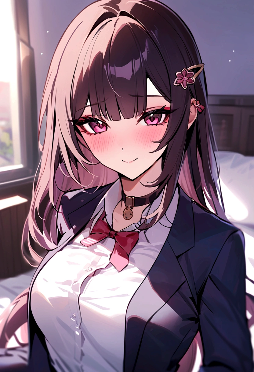 masterpiece, highest quality,blazer, arms_in_~ side, One Girl, Looking_in_audience,honkai_(series), Simple_background, shirt, head_ribbon, Open_Jacket, green_ribbon, Side Lock, With collar_shirt, smile, hair_ornament, hair_intake, honkai:_star_rail, ribbon, Jacket, black_Jacket, Closed_mouth,Open_Clothes, School_uniform, 一人in, hairclip,Bed