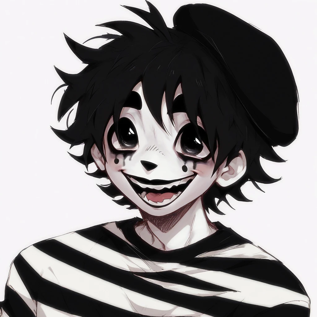 boy mime, shirt grunge, sketchy lines, messy hair, black hair, wearing a beret, score_8_up, score_9_up,happy, silly look on his face, has mime makeup on, wearing a mime outfit