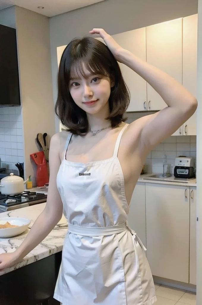 a woman is cooking、(kitchin_Apron:1.Wear 3)、Good Hand、4K、hight resolution、​masterpiece、top-quality、Cap:1.3、((Hasselblad photo))、Fine skin、sharp focus、(lighting like a movie)、Soft lighting、dynamic ungle、[:(Detailed face:1.2):0.2]、Medium chest、sweats streamed skin:1.2、(((In the kitchen))) Cute smile　Viewer's Perspective　Colossal tits　Tying hair　Sleeveless　Put out your upper arm　Shoulders are sticking out　Cleanliness　Large kitchen　Beautiful kitchen　wine glasses　wide々and beautiful kitchen background　Clean kitchen , do not wear underwear, exposed pussy