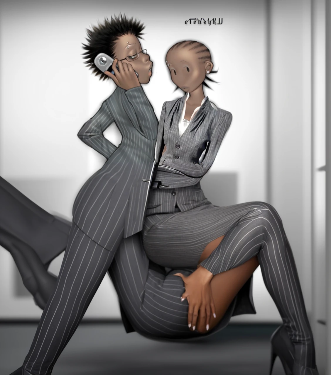 Black business woman in a
 Pinstriped skirt suit with grey heels 