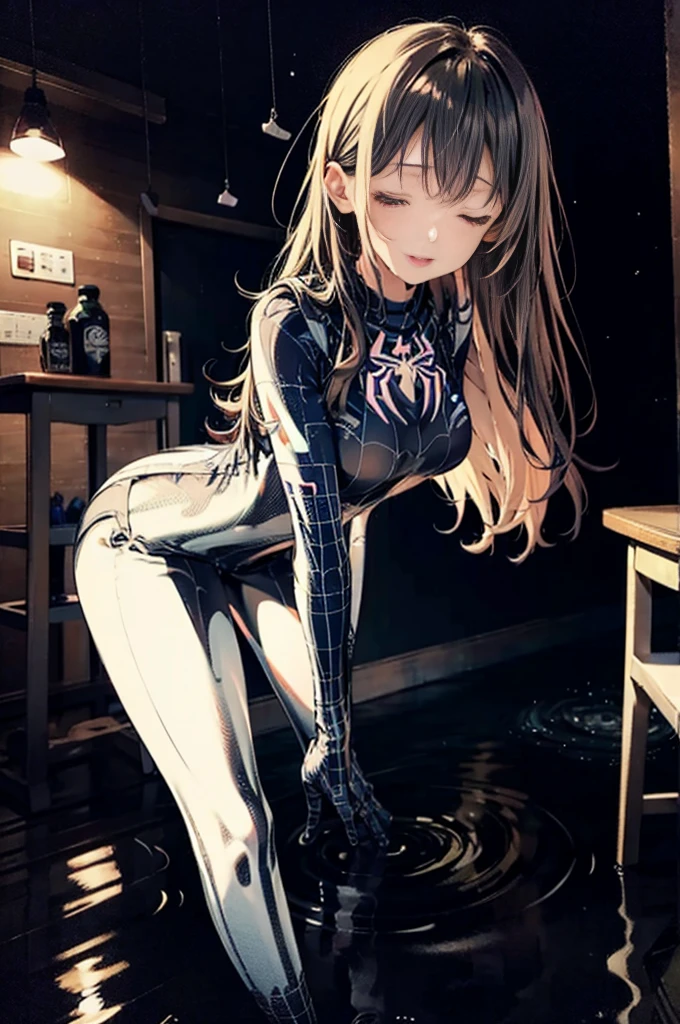 masterpiece, highest quality, 8k, High resolution, One girl,Long Hair,night, Captivating smile,Beautiful and detailed body,fine grain,classroom,Table Sex,Groin friction,Masturbation,A puddle of pussy juice,From below,Moaning,close your eyes,Open your mouth,arm_support,(Leaning forward:1.5),
