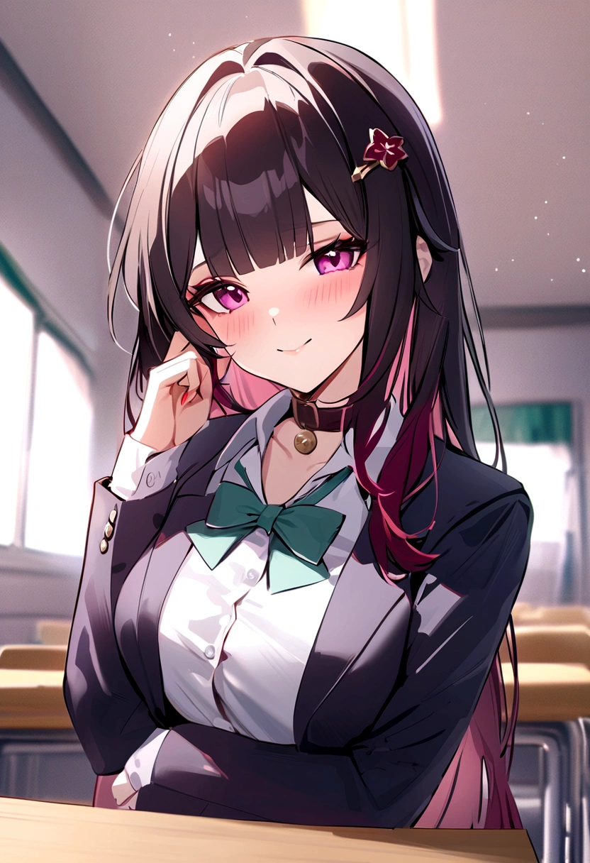 masterpiece, highest quality,blazer, arms_in_~ side, One Girl, Looking_in_audience, honkai_(series),shirt, head_ribbon, Open_Jacket, green_ribbon, Side Lock, upper_body, With collar_shirt, smile, hair_ornament, hair_intake, honkai:_star_rail, ribbon, Jacket, black_Jacket, Closed_mouth, blush, Open_Clothes, School_uniform, 一人in, hairclip,nsfw,White classroom