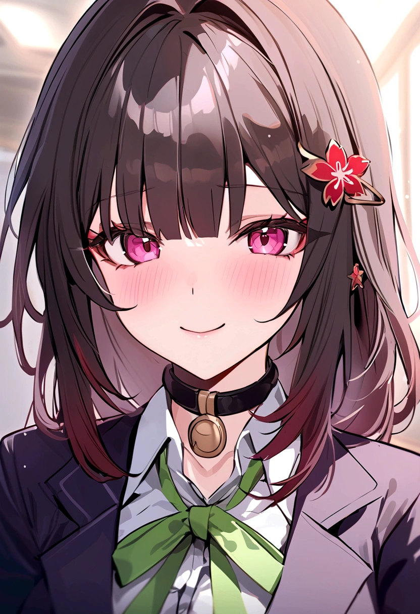 masterpiece, highest quality,blazer, arms_in_~ side, One Girl, Looking_in_audience, white_background, honkai_(series), Simple_background, shirt, head_ribbon, Open_Jacket, green_ribbon, Side Lock, upper_body, With collar_shirt, smile, hair_ornament, hair_intake, honkai:_star_rail, ribbon, Jacket, black_Jacket, Closed_mouth, blush, Open_Clothes, School_uniform, 一人in, hairclip