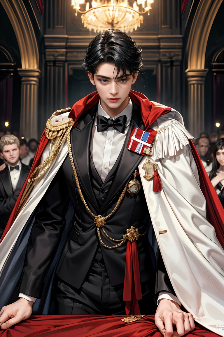 masterpiece, 最high quality, high quality, 1 boy, alone, Male focus, Watching the audience, Messy black hair, Adorable big blue eyes, White, Noble, Noble,Sexy voluminous cape、Tuxedo、A very voluminous, large, very large, very large, long, long red and black cape with a high stand-up collar, reaching down to the floor, made of a lot of fabric., ,Cute beautiful boys,Cute, cute, kind, handsome guy