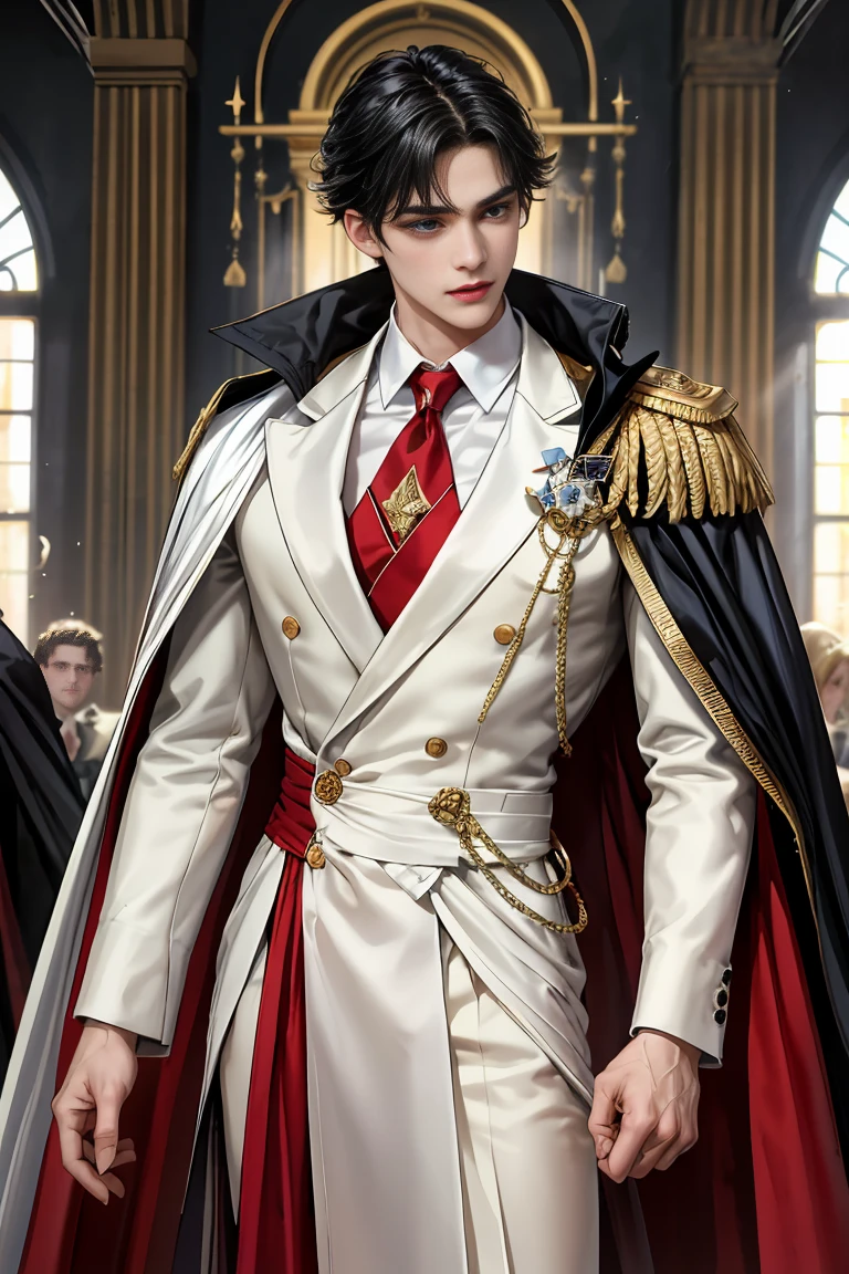 masterpiece, 最high quality, high quality, 1 boy, alone, Male focus, Watching the audience, Messy black hair, Adorable big blue eyes, White, Noble, Noble,Sexy voluminous cape、Tuxedo、A very voluminous, large, very large, very large, long, long red and black cape with a high stand-up collar, reaching down to the floor, made of a lot of fabric., 17 years old,Cute beautiful boys,Cute, cute, kind, handsome guy