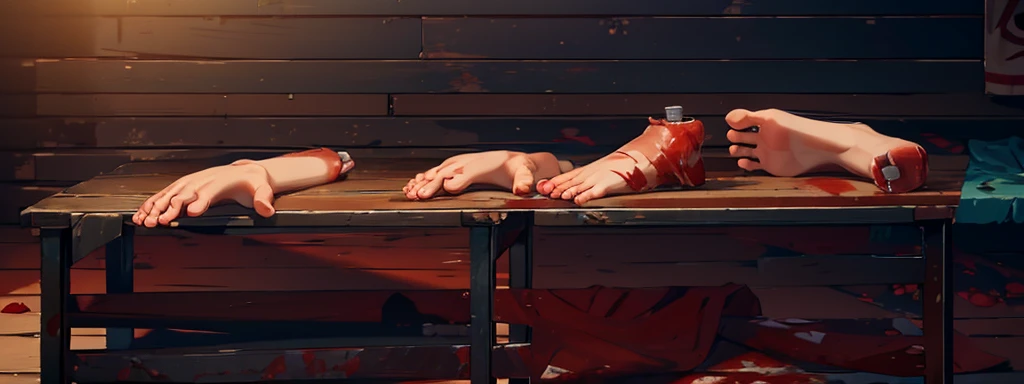 canibal market, cutted human feet and hands, mutilated hands and feet on the wooden table, blood, human flesh, early morning time