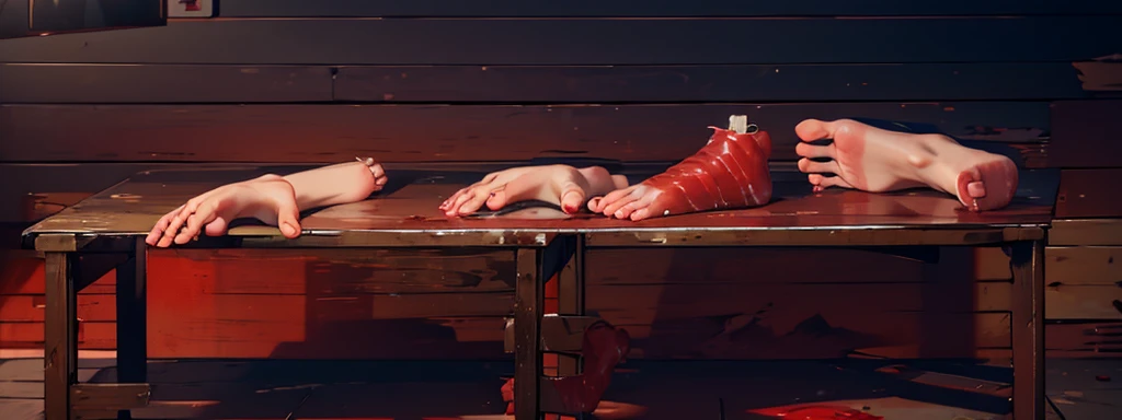 canibal market, cutted human feet and hands, mutilated hands and feet on the wooden table, blood, human flesh, early morning time
