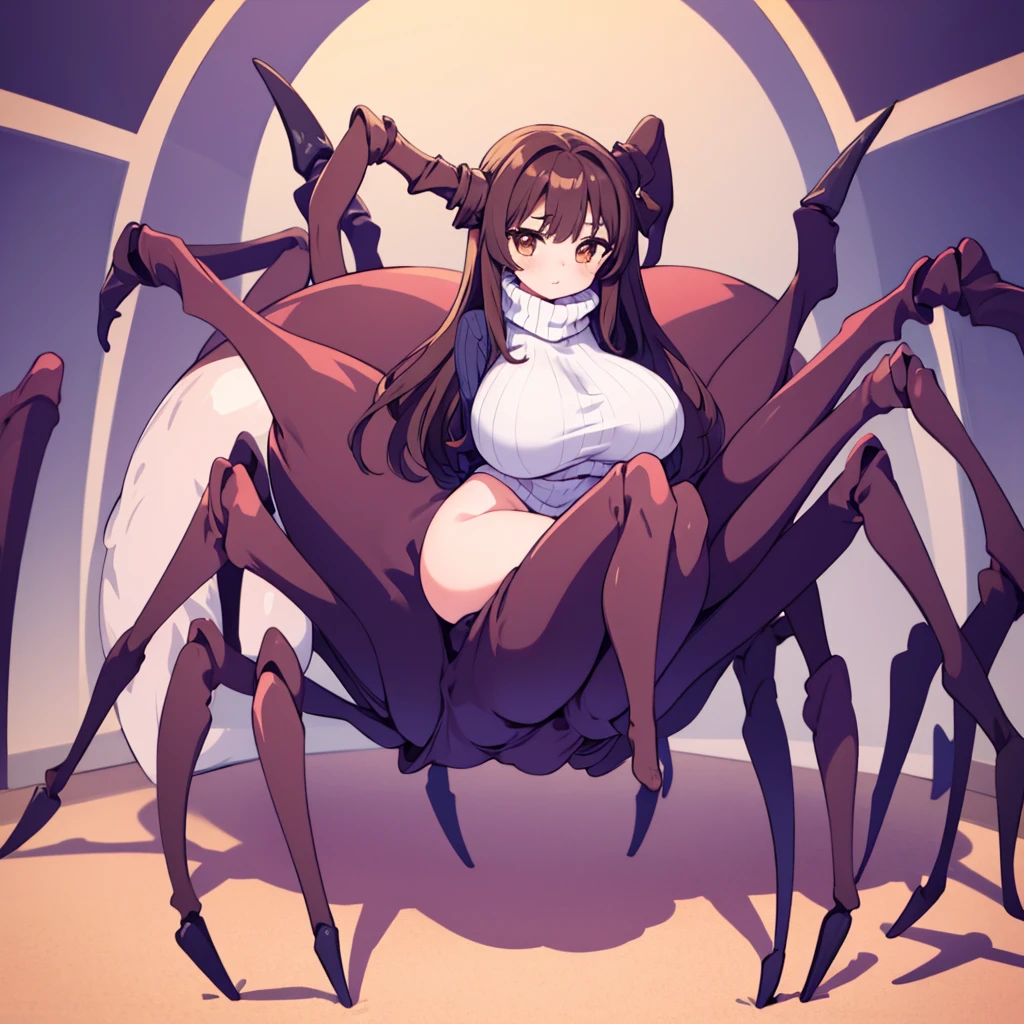 Highest quality, 1girl, solo, brown hair, brown eyes, large breasts, black ribbed turtleneck sweater, arachne body, thick, full body