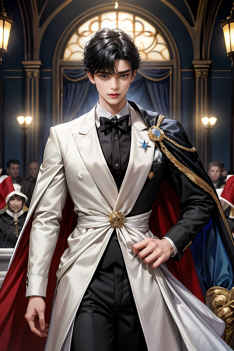 masterpiece, 最high quality, high quality, 1 boy, alone, Male focus, Watching the audience, Messy black hair, Adorable big blue eyes, White, Noble, Noble,Sexy voluminous cape、Tuxedo、A very voluminous, large, very large, very large, long, long red and black cape with a high stand-up collar, reaching down to the floor, made of a lot of fabric., 17 years old,Cute beautiful boys,Cute, cute, kind, handsome guy