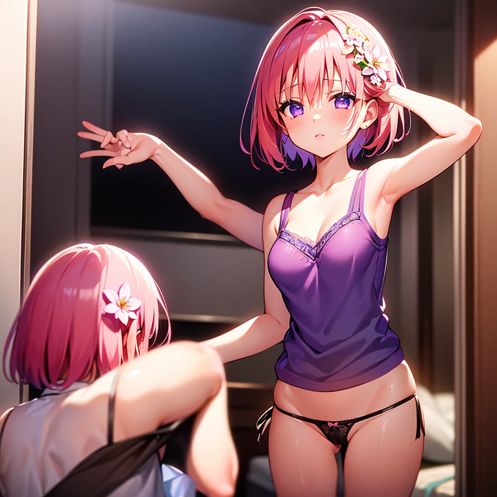 ph momo,solo, 1girl, pink hair, purple eyes, short hair, hair flower, (masterpiece:1.2, best quality), (finely detailed beautiful eyes: 1.2),bedroom,(see-through camisole:1.2), , side-tie panties,l occasion thong panties:1.3),wampits,