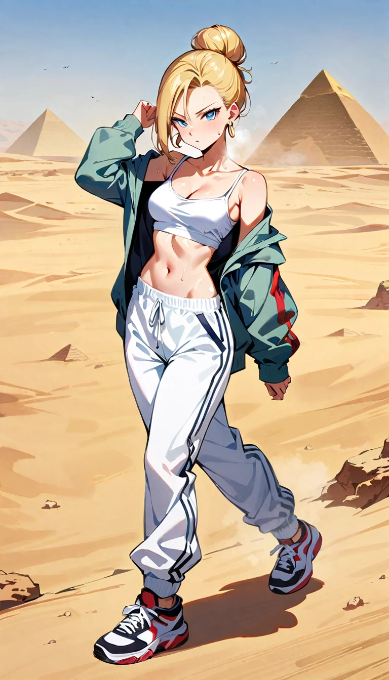 (masterpiece, best quality:1.2), full body, solo, Android 18 from Dragon Ball, ((white slip-on crop top)), ((long sweatpants)), ((white sweatpants)), (gray hooded jacket), thighs, midriff, small breasts, sweat, blonde hair, (single hair bun), ((blue eyes)), earrings on earlobes, slender feminine figure, narrow waistline, skinny body, long legs, Egypt, walking across desert, large pyramid, daytime, clear sunny sky, sweating, cleavage, off shoulder, magnificent view, blur background, 4K, Touching ear, light blush, breath, sneakers