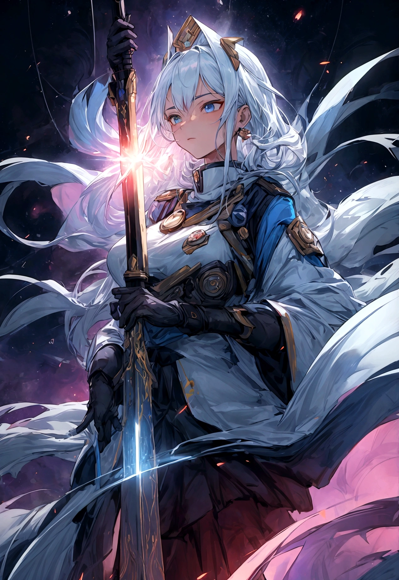 Picture a scene steeped in the depths of space science fiction warfare, where a female commander emerges as the embodiment of resilience and command. Her presence is striking, with white hair that cascades like a cosmic waterfall, tinged with a subtle shade of glowing blue, reminiscent of the distant nebulas. She stands boldly in the midst of an burned interstellar conflict to punish the wicked, her advanced space uniform pristine and decorated with the emblems of her esteemed position as a commander. The commander’s hat she wears is not just a piece of attire but a symbol of her earned authority. Clutched in her grasp is a mystical sword, its blade alight with an ethereal flame that whispers of ancient power and forgotten lore. As she raises the sword, it seems to resonate with the energy of the cosmos itself. Behind her, the theater of war is set against the breathtaking backdrop of a contact binary star system, its twin suns weaving a dance of light spark and gravity that illuminates the void. Their connection forges a radiant arc across the sky, a bridge between worlds and a beacon in the tumultuous dark. This image seeks to capture the commander’s indomitable spirit, the fierce beauty of her unique appearance, and the grandeur of the universe that serves as the stage for this epic saga