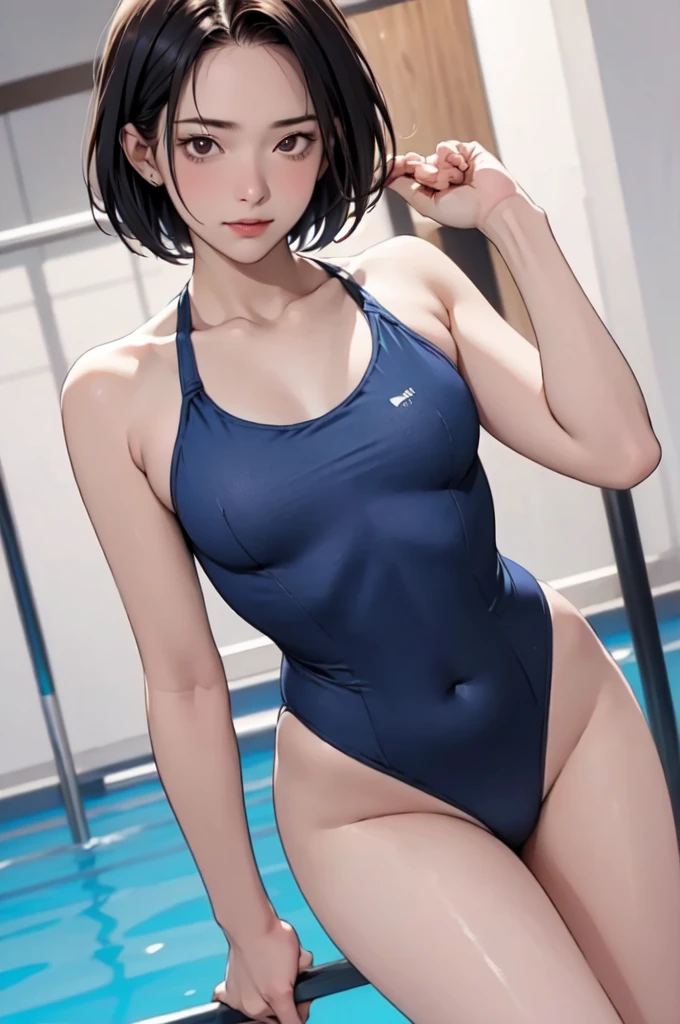 ((masterpiece, best quality)),((highres:1.2)), 1 Girl, solo, Blurred Background, (Straight Hair:1.2), ((One piece swimsuit)), (((Small breasts))), Thighs, pool, Groin, (slanted eyes), ((Special pose:1.2)), (short hair), leg lift, (skirt)