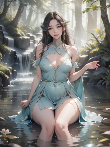 (best quality, 4k, 8k, highres, masterpiece:1.2), ultra-d etailed,(realistic, photorealistic,photo-realistic:1 .37), portrait of fairies,enjoying water play in a beautiful r iver in the forest,fairy with detailed face and hands, enchanted woodland scene, sparkling water, sunlig ht streaming through the trees, vibrant colors, ether eal atmosphere, delicate wings, flowing dresses, mi schievous expressions, shimmering reflections on t he water surface