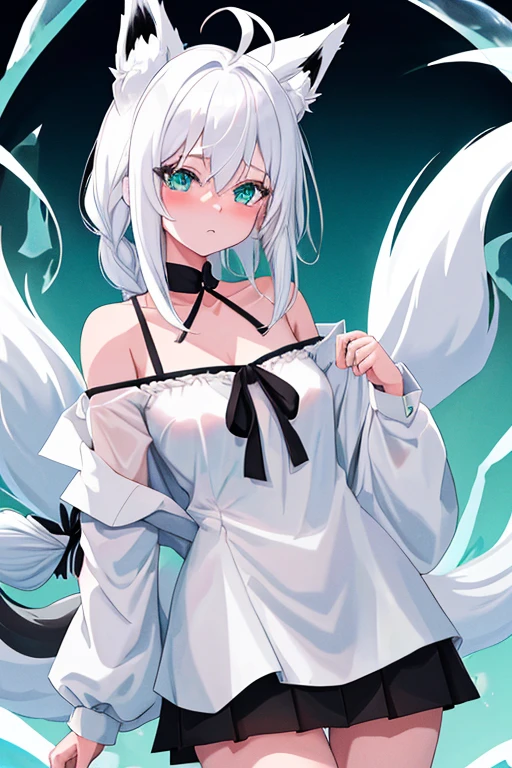 {{{shirakami_fubuki}}}, fox girl, white hair,braid, ahoge, animal ear fluff, aqua eyes, black ribbon, white shirt, off shoulder