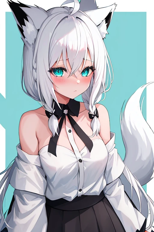 {{{shirakami_fubuki}}}, fox girl, white hair,braid, ahoge, animal ear fluff, aqua eyes, black ribbon, white shirt, off shoulder