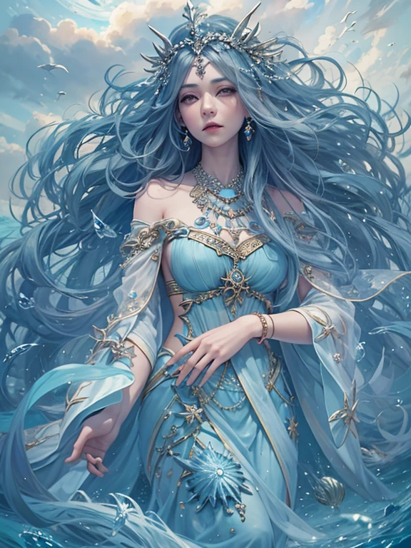 Goddess of the sea. Symbol of beauty and blessings. Long hair with a light blue purple gradient. Very beautiful. Full of compassion and mysticism. Playing with sea creatures. Encrusted with jewels. Eyes open. Full body. In the sea. Fantastic. Young.々Western image, warm and gentle expression, thin lips