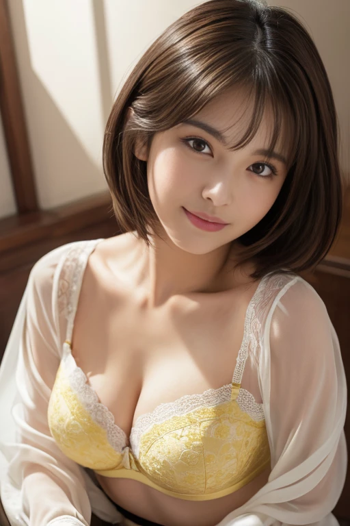 (RAW Photos), (Realistic), (masterpiece), (highest quality), High resolution, 8K resolution, (Intricate details), (Volumetric Light), Portraiture, woman,, short hair, Straight hair, Layered Hair, Brown haired, Highly detailed eyes, Source order, Very thin eyebrows, Highly detailed skin, Highly detailed mouth, Highly detailed nose, Cute like an idol, smile, ((Thick lips)), ((Look at the viewers)), (Elegant blouse)、Cleavage、Cleavage、The underwear is yellow -based.、