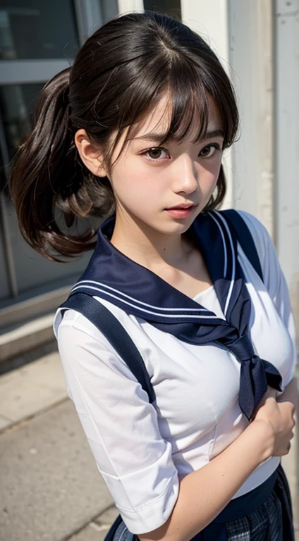 (close up:1.5), raw ((Portrait)), (Best Quality), (Realistic, Photorealsitic:1.3), Best Quality, masterpiece, extremely delicate and beautiful, Extremely detailed ,nffsw , amazing, finely detail, Highly detailed ticker Unity 8k wallpaper, huge filesize , Ultra-detailed, high resolution, Extremely detailed, Strong winds are blowing, low pony tail, (((a sailor suit))), (((Junior High School Uniforms:1.2))),((Navy Blue Check Pleated Skirt Long Length:1.4)), (((a high school student))), slender, (tiny chest:1.6), Dynamic Pose, dynamic angle, ((nffsw)), Hair blown in the wind